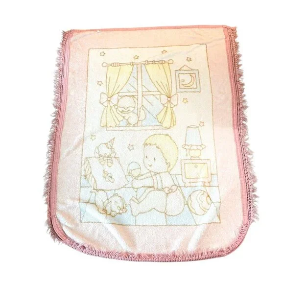 VTG Novatex? Plush Baby Crib Blanket Beige Pastel Pink Crochet Trim Fringe 60x42